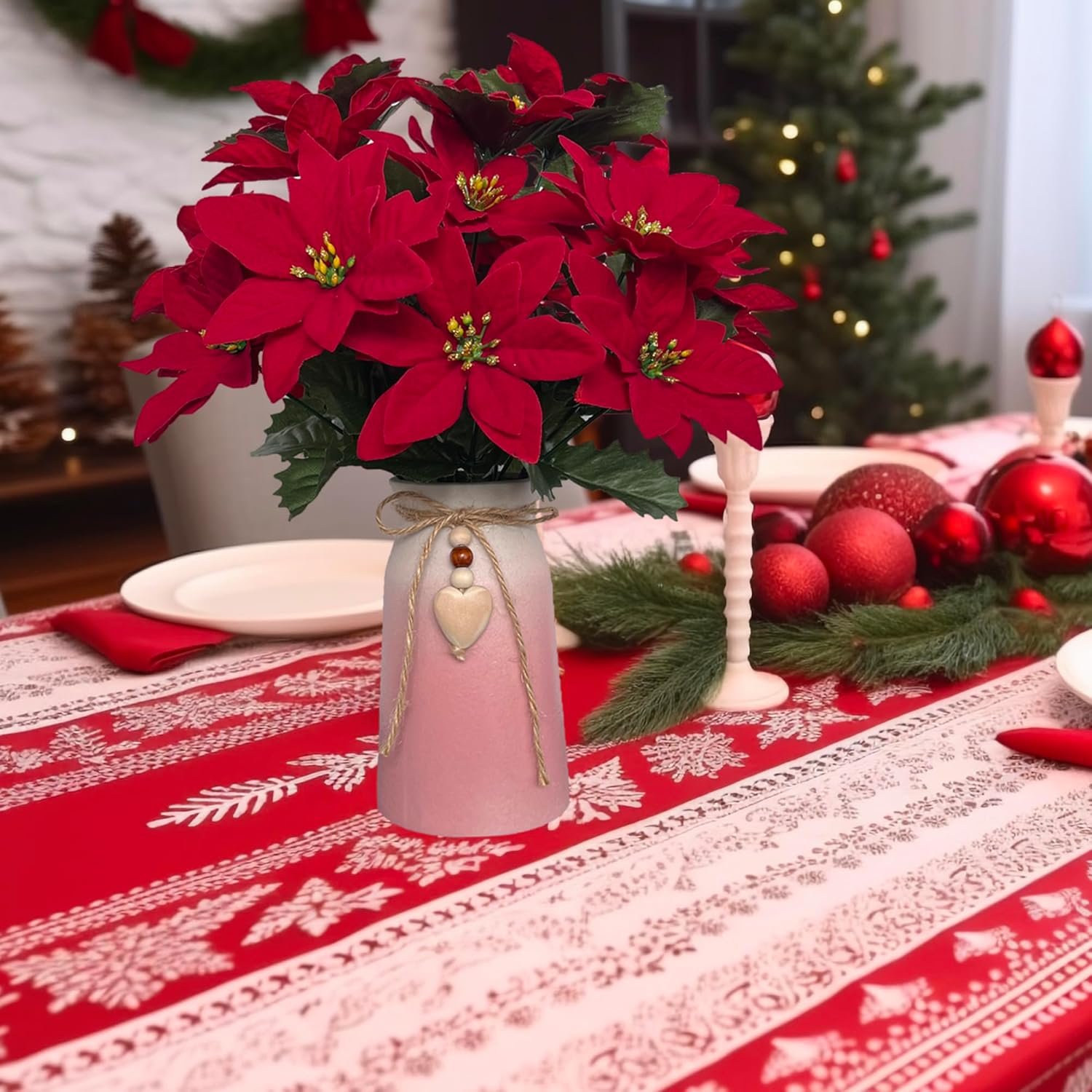 Artificial Poinsettia Christmas Flower Arrangement in Pink Vase, Festive Red Faux Flowers with Heart Charm for Home, Office & Holiday Décor - Image 5