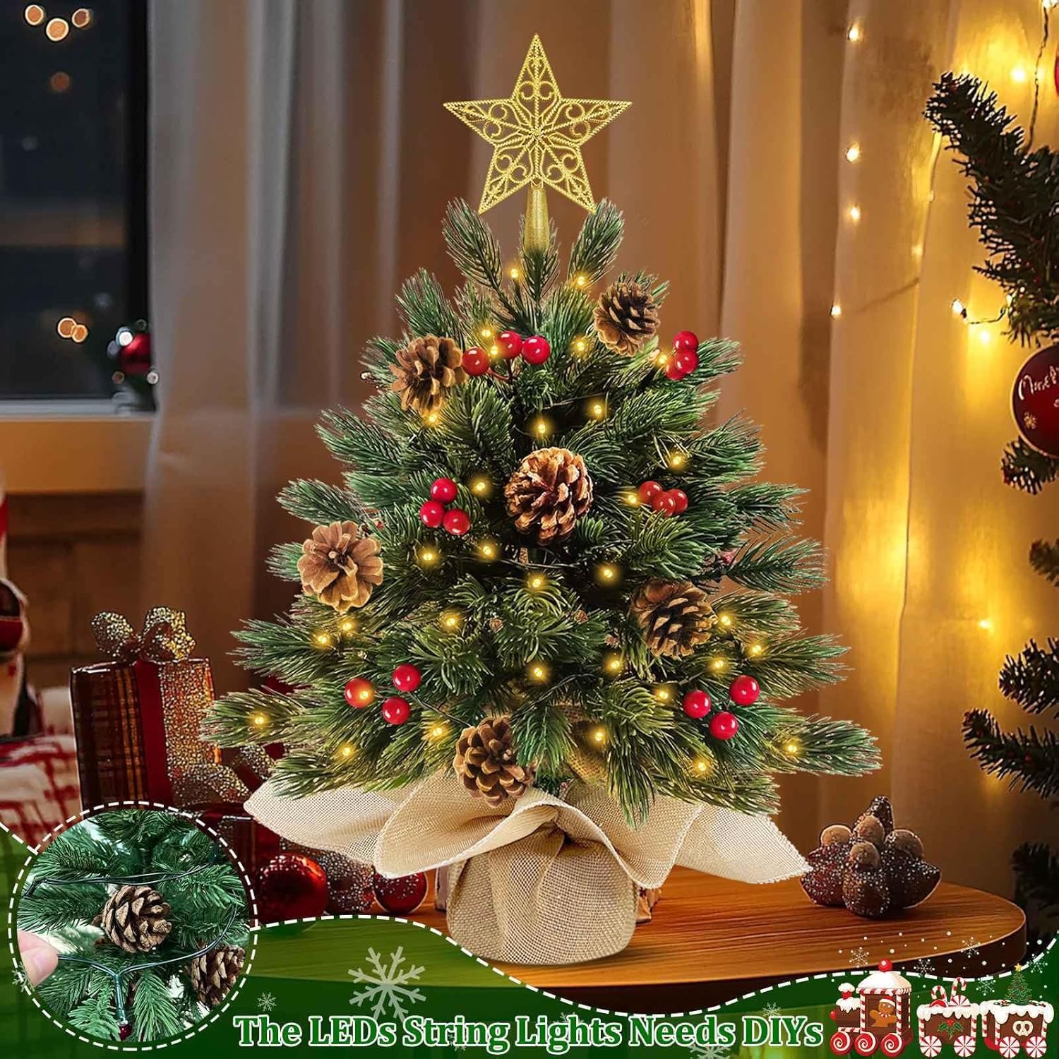 2 Pack 18 Inch Realistic-Feel PE Tabletop Christmas Tree 60 Warm Lights with Timer Battery Operated Cedar Norfolk PE Pine Spruce Mini Small Christmas Tree Red Berry Pinecone Star Xmas Christmas Decor - Image 7