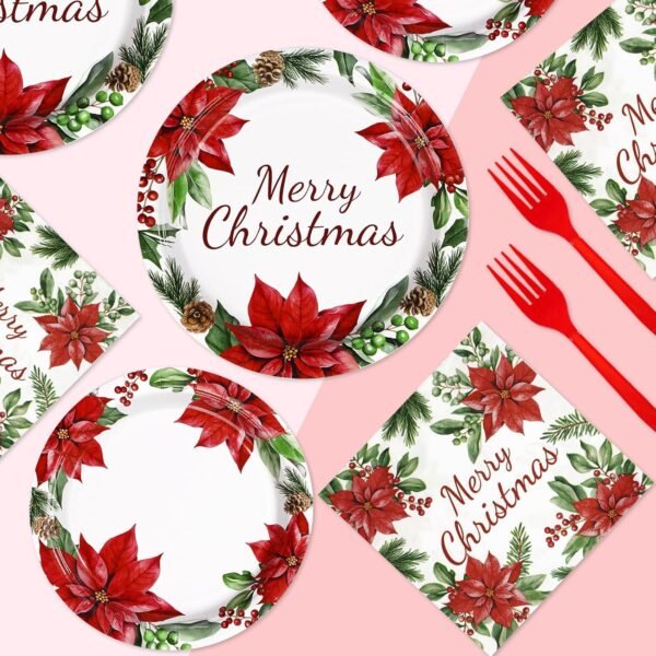 96Pcs Christmas Paper Plates and Napkins Set Poinsettia Flower Christmas Plates Disposable 350GSM Merry Christmas Party Tableware Set for Christmas Wedding Party Holiday Xmas Decorations, Serves 24 - Image 8