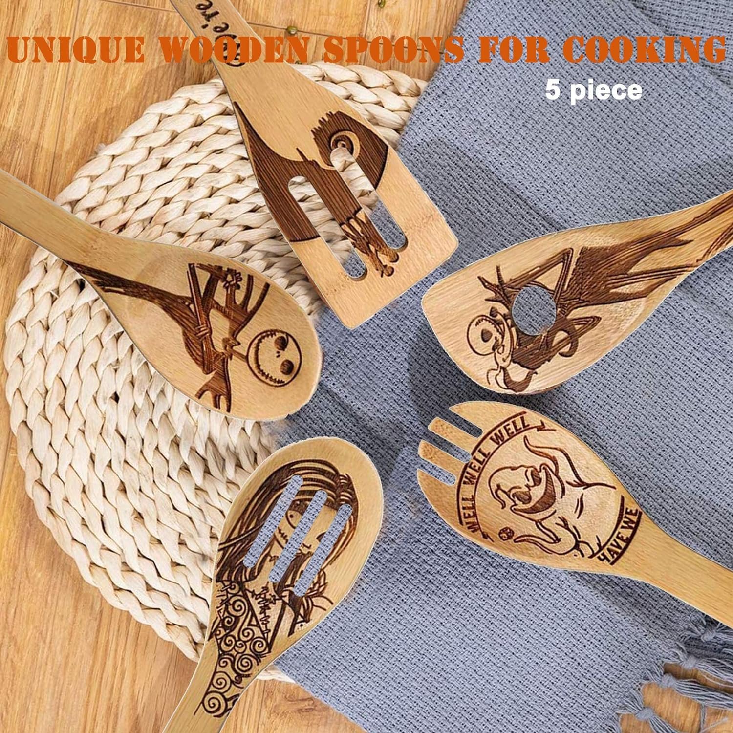 Jack Skellington Wooden Spoons for Cooking Utensils Set - Magic Pattern Burned Spatulas Kitchen Utensil Set for Kitchen Decor,Nightmare Before Christmas GiftS for Fans and Friends - Image 6
