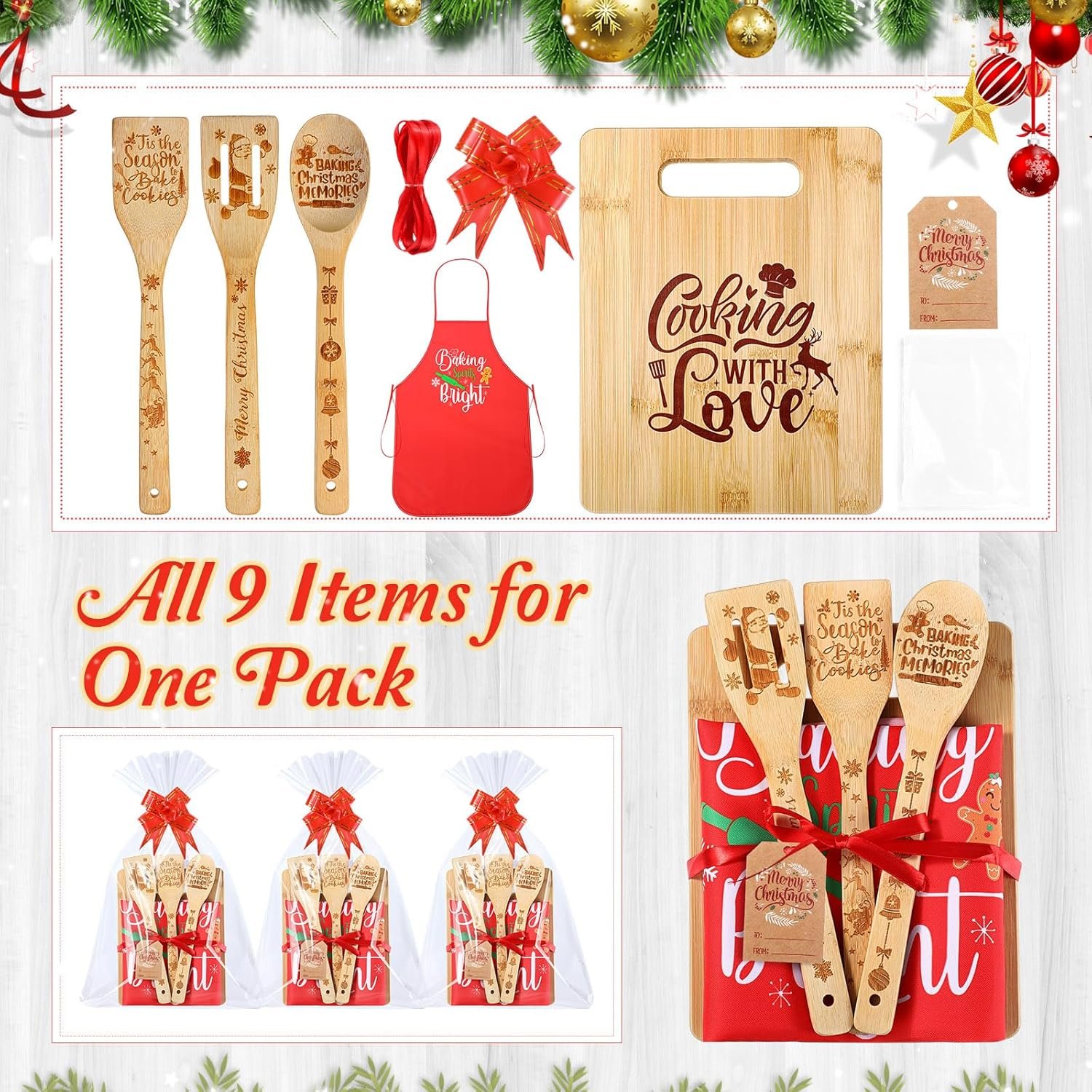 Blosssound Christmas Kitchen Gifts for Her Women Wooden Cutting Board Spatula Spoons Baking Apron Serving Charcuterie Board Merry Christmas Cooking Gifts for Grandma Nana Mimi Mom Xmas Party Decor - Image 3