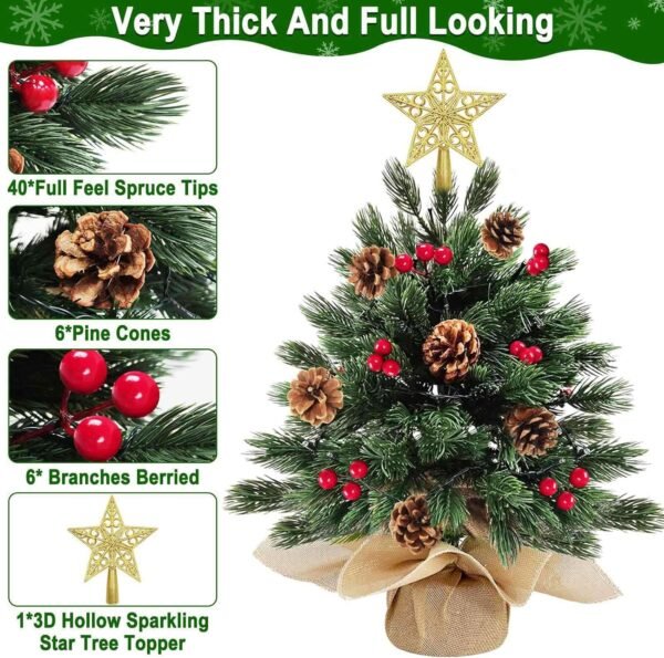 2 Pack 18 Inch Realistic-Feel PE Tabletop Christmas Tree 60 Warm Lights with Timer Battery Operated Cedar Norfolk PE Pine Spruce Mini Small Christmas Tree Red Berry Pinecone Star Xmas Christmas Decor - Image 5