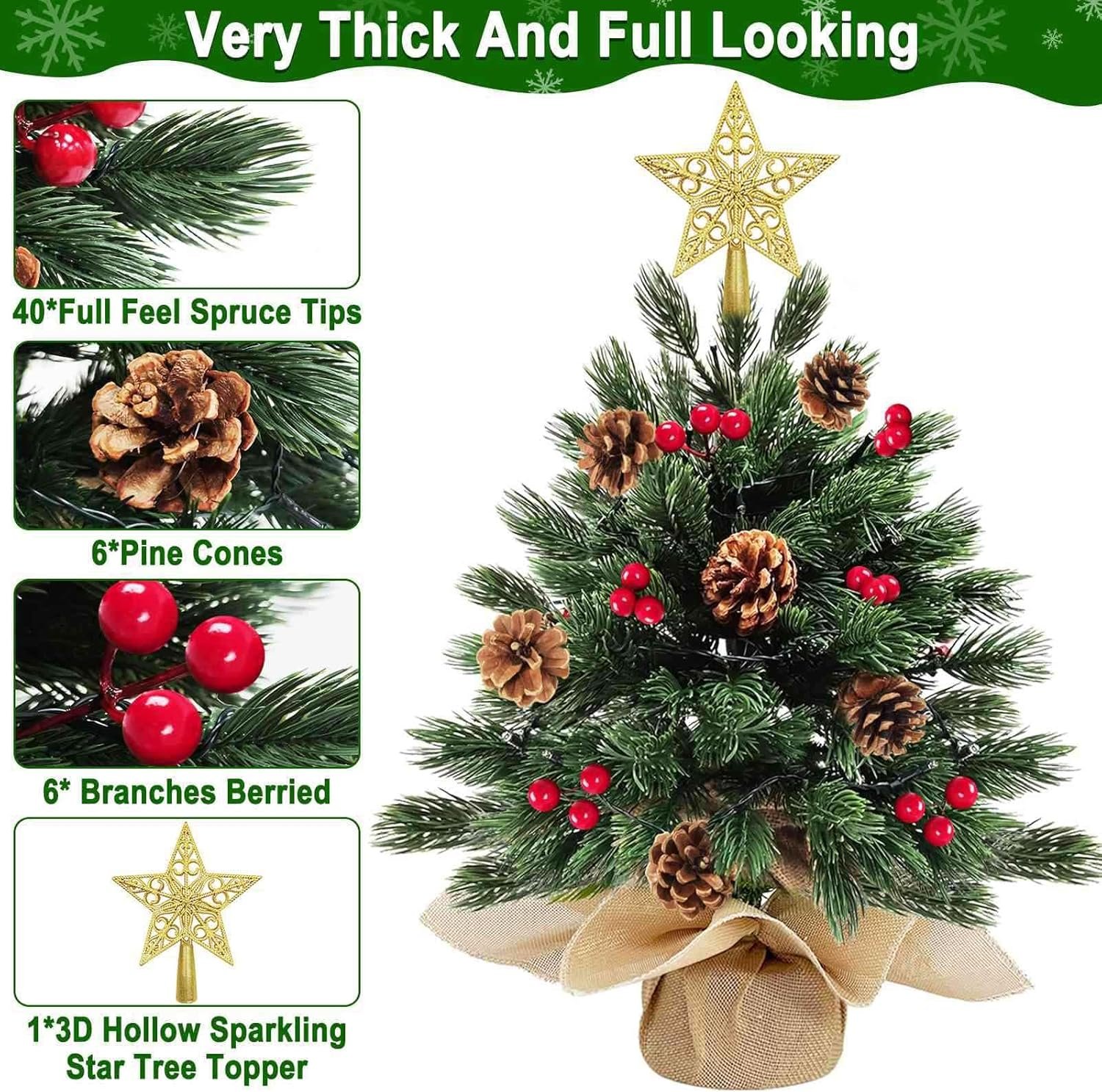 2 Pack 18 Inch Realistic-Feel PE Tabletop Christmas Tree 60 Warm Lights with Timer Battery Operated Cedar Norfolk PE Pine Spruce Mini Small Christmas Tree Red Berry Pinecone Star Xmas Christmas Decor - Image 5