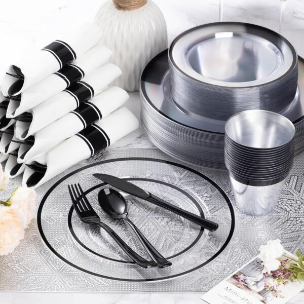 Goodluck 175 Piece Black Plastic Dinnerware Set for Party, Clear Disposable Plates for 25 Guests, Include: 25 Dinner Plastic Plates, 25 Dessert Plates, 25 Pre Rolled Napkins with Cutlery Set, 25 Cups - Image 3