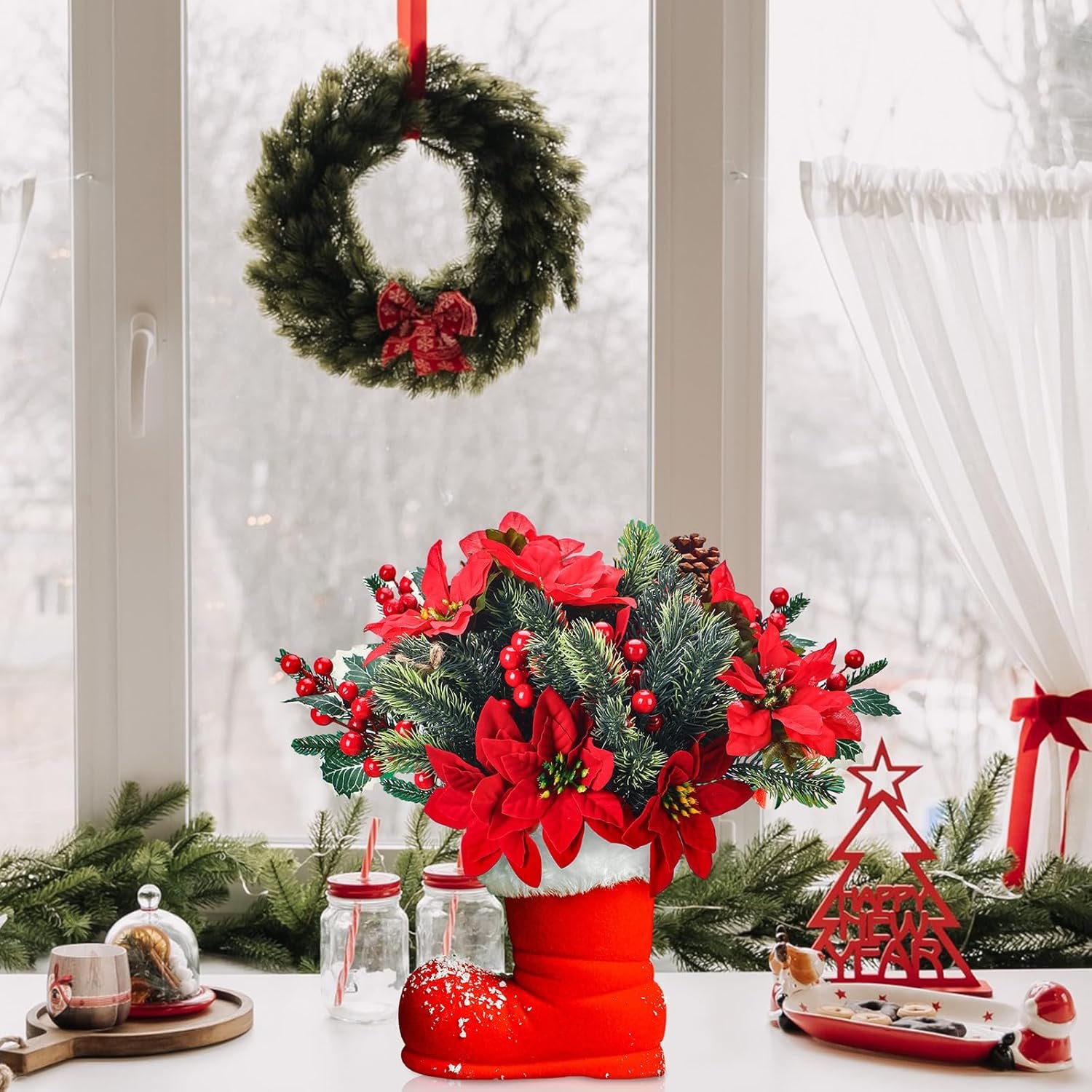 20 Pcs Artificial Christmas Red Flowers Bouquet Floral Pine Cones Holly Berries Stems Floral Picks Branches for Xmas Tree Decoration Vase Crafts Garland Wreath(Red, Green) - Image 3