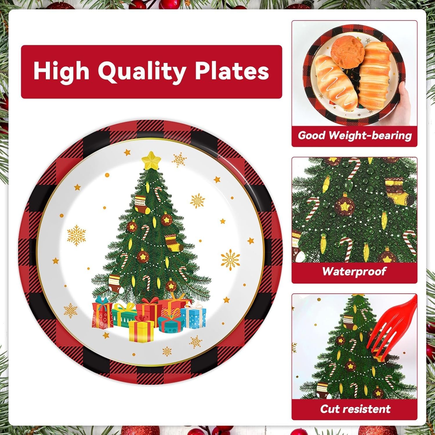 96 Pcs Christmas Paper Plates and Napkins Christmas Xmas Party Supplies Green Red Black Buffalo Plaid Christmas Tree Disposable Tableware Set Merry Christmas Themed Party Favors Holiday Winter Decor - Image 4