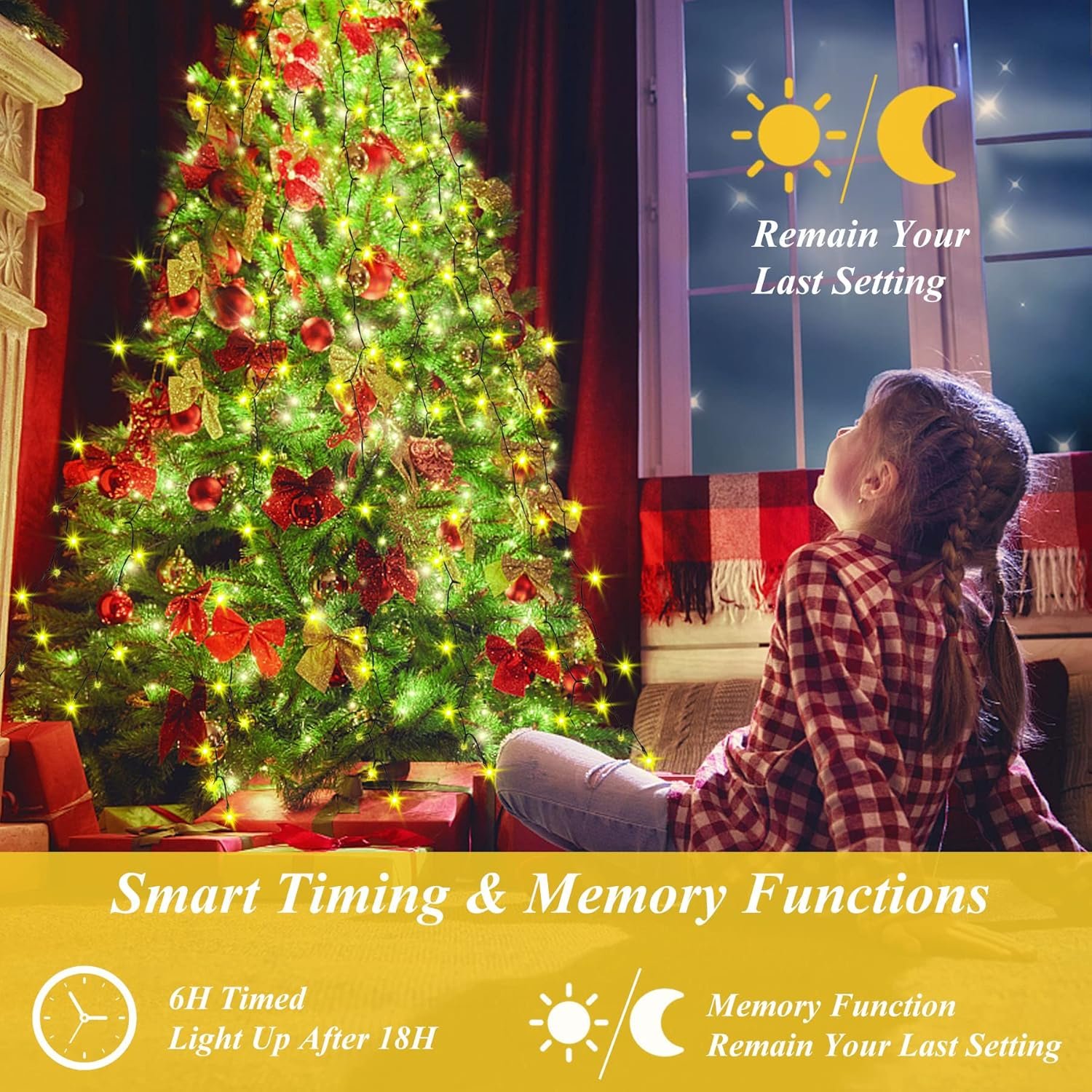 aneeway Christmas Tree Lights, 400 LED Christmas Lights with 8 Light Modes & Memory Function, 6.6FT x 16 String Lights with Timing Function & Remote Control for Christmas Decorations - Warm White - Image 5