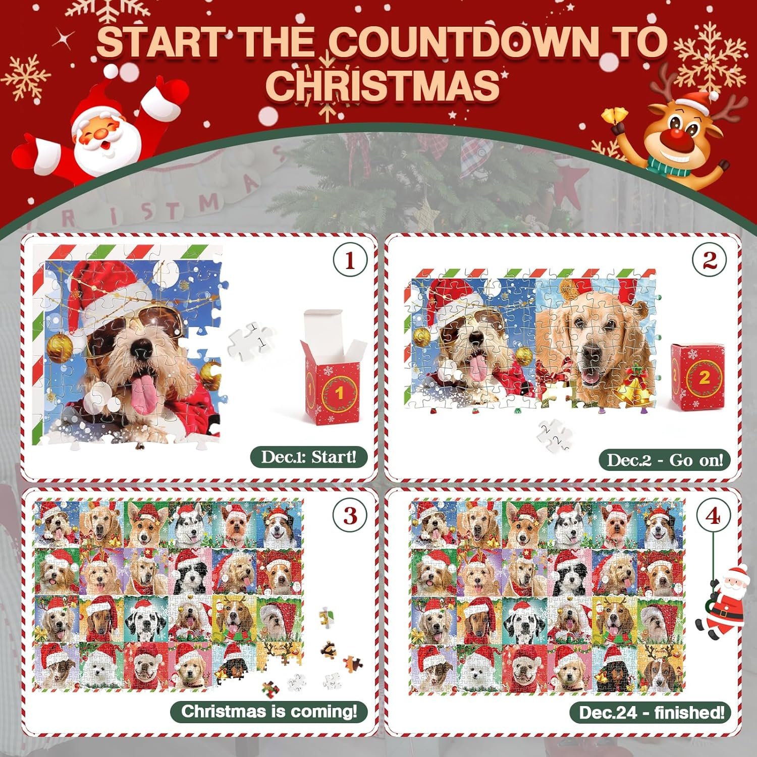 Advent Calendar 2024 Christmas Jigsaw Puzzles, Christmas Dogs Jigsaw Puzzles 1008 Pieces Puzzle 24 Days Christmas Countdown Calendar Family Game Christmas Gifts for Kids Teens Adults - Image 4