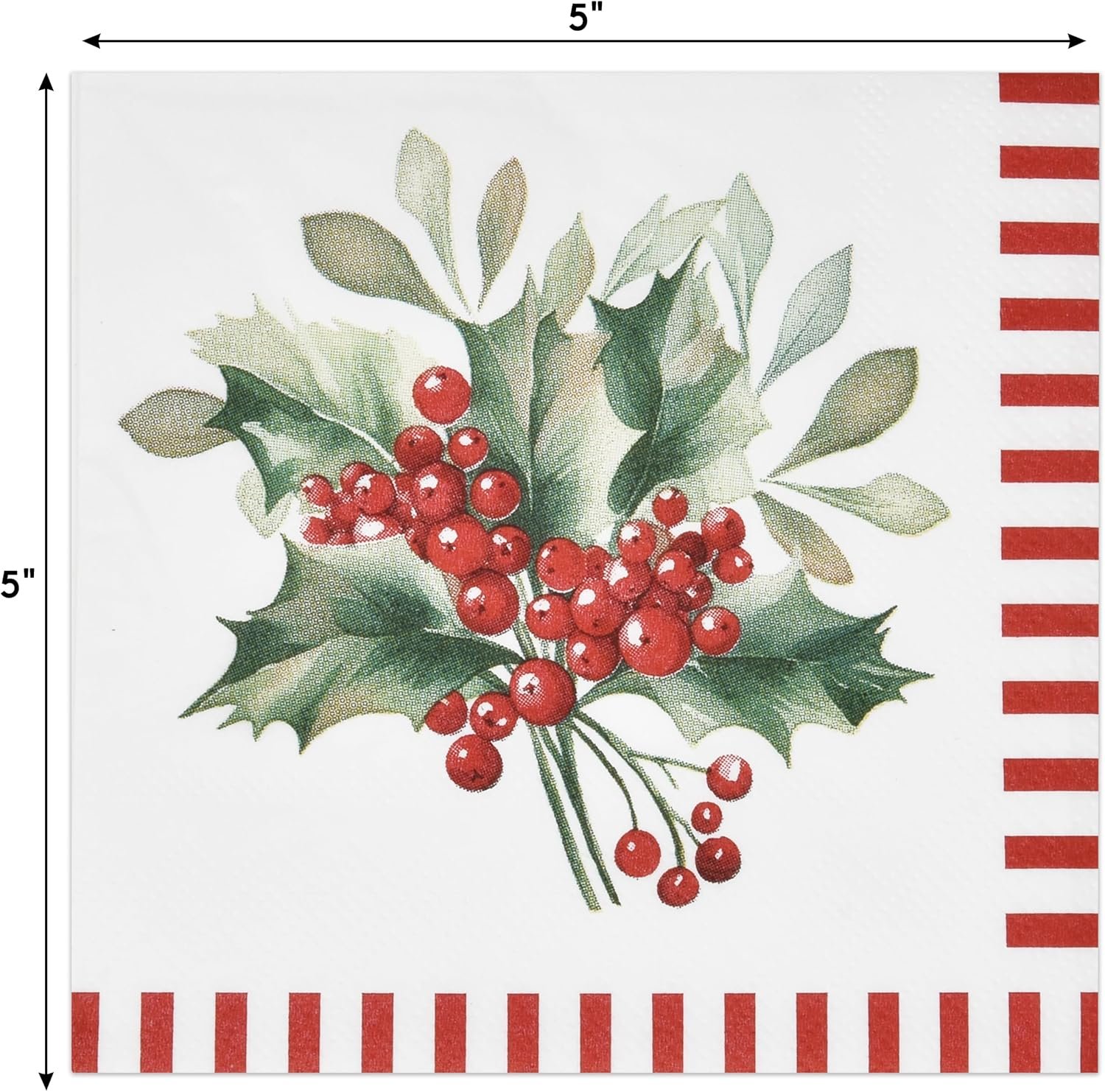 100 Christmas Berries Cocktail Beverage Napkins Disposable Paper Xmas Holly Berry Pine Red and White Striped Dessert Napkin for Winter Holiday Home Kitchen Wedding Party Supplies Tableware Decorations - Image 3