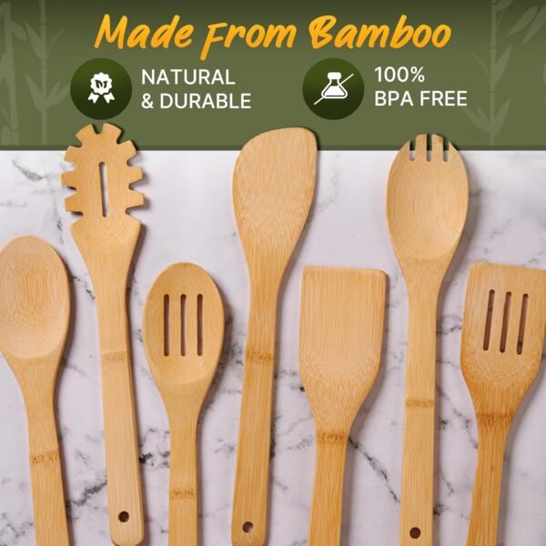Wooden Utensil Set, Bamboo Wooden Cooking Utensils, Kitchen Gift Ideas – 7 PCs Easy to Clean Wooden Kitchen Utensil Set, Sturdy, Lightweight & Heat Resistant - Image 6