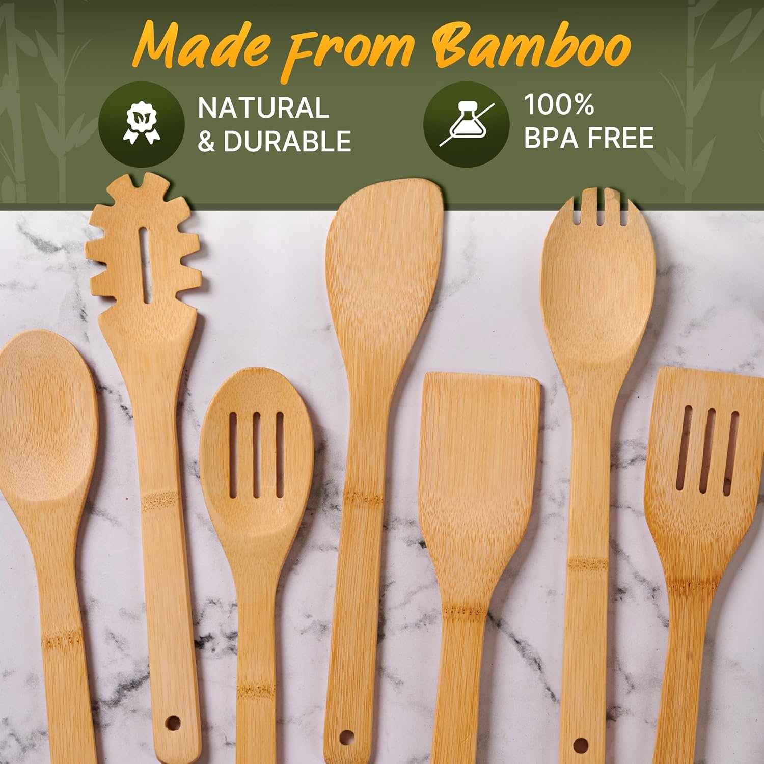 Wooden Utensil Set, Bamboo Wooden Cooking Utensils, Kitchen Gift Ideas – 7 PCs Easy to Clean Wooden Kitchen Utensil Set, Sturdy, Lightweight & Heat Resistant - Image 6