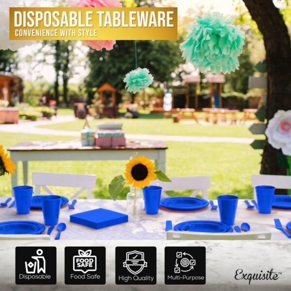 182 Pcs Plastic Dinnerware Set Includes 26 Of Each 9" Dark Blue Plastic Dinner Plates | 7" Plastic Dessert Plates | 12 oz Plastic Cups | Dark Blue Napkins | Plastic Spoons, Forks & Knives Exquisite - Image 5