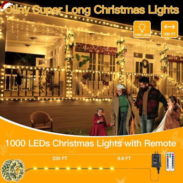 Ollny Christmas Lights 1000 LED 330 FT, IP67 Waterproof Plug in Christmas Tree Lights with Remote, 8 Modes, 3 Timers, Dimmable, House Xmas Indoor Decorations Outdoor Christmas Lights (Warm White) - Image 3