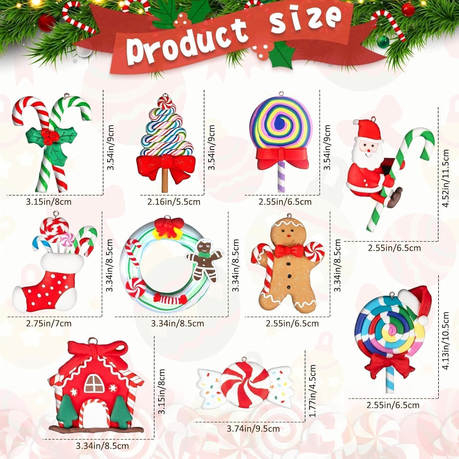 10pcs Candy Christmas Ornaments for Tree Decorations Peppermint Candy Cane Lollipop Ornaments Polymer Clay Christmas Ornaments for Christmas Party Home Decor - Image 5
