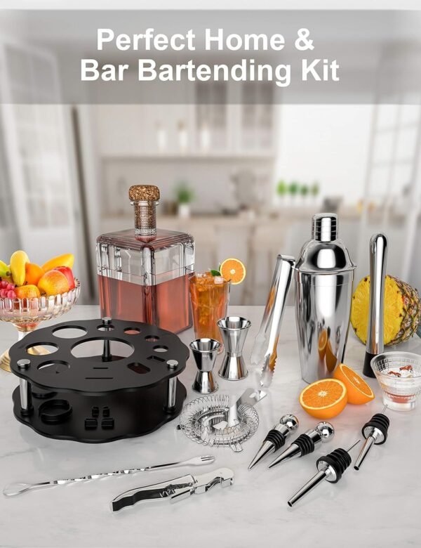 Bartender Kit, 14 Piece Cocktail Shaker Set Stainless Steel Bar Tools with Rotating Stand, 25 oz Shaker Tins, Jigger, Spoon, Pourers, Muddler, Strainer, Tongs, Bottle Stoppers, Opener, Recipes - Image 5