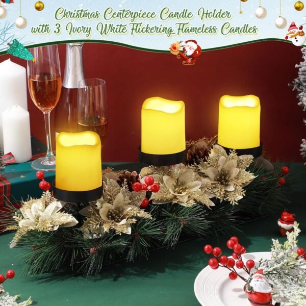 17 Inch Artificial Christmas Centerpiece Candle Holder with 3 Ivory White Flickering Flameless Candles with Remote Control and Timer Christmas Table Centerpiece for Party (Gold) - Image 6