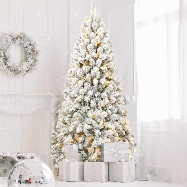 MERITLINE Pre-Lit Artificial Christmas Tree with Lights, 7FT Snow Flocked Design Holiday Decoration Xmas Tree with 1064 Branch Tips, 300 Tungsten Lamp String/Easy Assembly, Metal Stand - Image 10