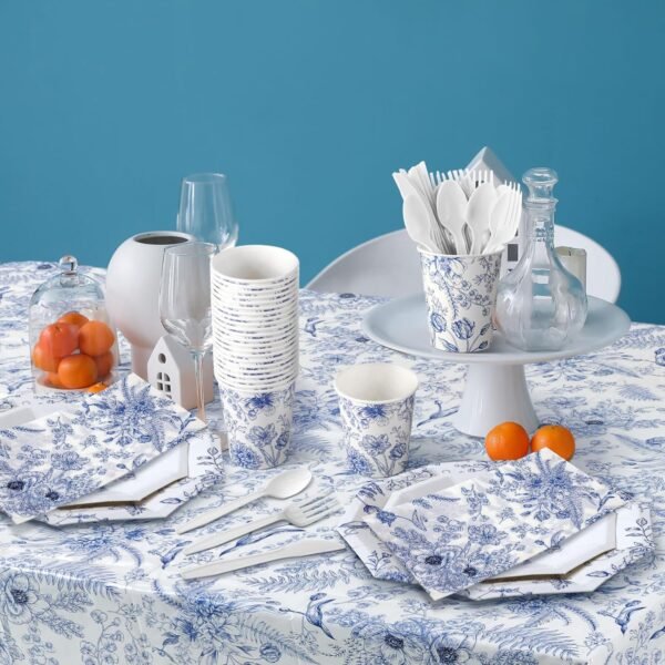 Dandat 402 Pcs Disposable Tableware Set Serve 50 Baby Shower Party Decorations Birthday Party Supplies Set Disposable Plates and Napkins Plastic Tablecloths for Baby Shower(Blue,Floral) - Image 5