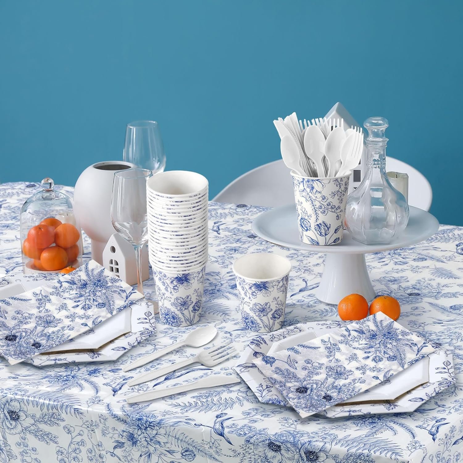Dandat 402 Pcs Disposable Tableware Set Serve 50 Baby Shower Party Decorations Birthday Party Supplies Set Disposable Plates and Napkins Plastic Tablecloths for Baby Shower(Blue,Floral) - Image 5