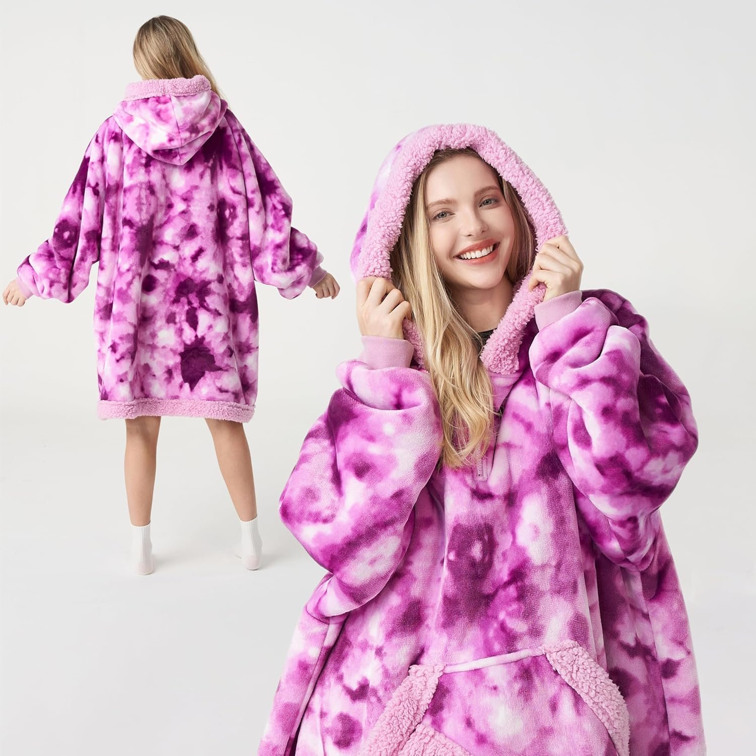 Giggling Getup Wearable Blanket Hoodie for Women Men - Oversized Flannel Sherpa Fleece Sweatshirt Blanket - with Giant Pocket & Sleeves - Cozy Warm Blanket Birthday Gifts for Adults Purple Tie Dye - Image 3