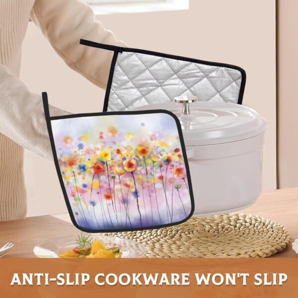 Abstract Florl Pot Holders Set of 2, Kitchen Heat Resistant Potholder for Microwave Cooking Baking Oven End Dishes and BBQ - Image 6