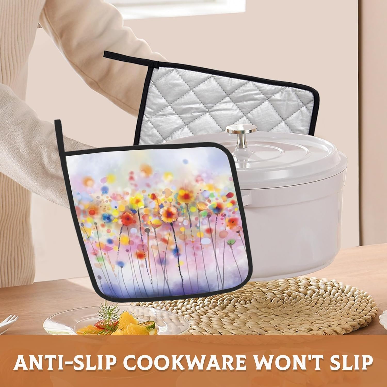 Abstract Florl Pot Holders Set of 2, Kitchen Heat Resistant Potholder for Microwave Cooking Baking Oven End Dishes and BBQ - Image 6