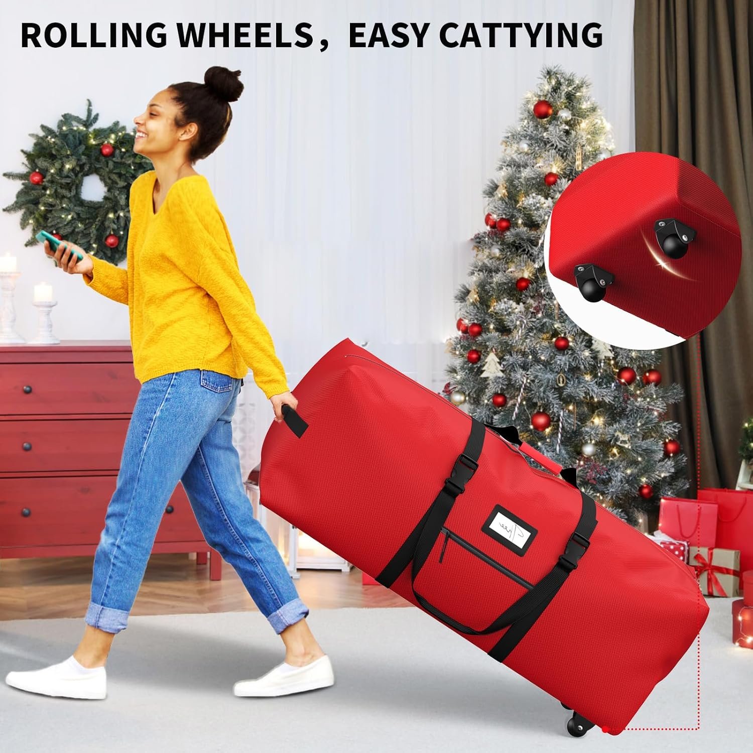 Rolling Christmas Tree Storage Bag, Fits Up to 9 ft Artificial Xmas Disassembled Trees. Extra Large Storage Container with Wheels and Handles. Against Dust, Insects, and Moisture.(Red) - Image 6