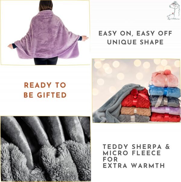 Premium Double Layer Wearable Blanket for Women -No Sleeves- Shawl Wrap with Pockets- Mothers Day Gifts - Grandma Gifts (Velvet Lavender) - Image 5