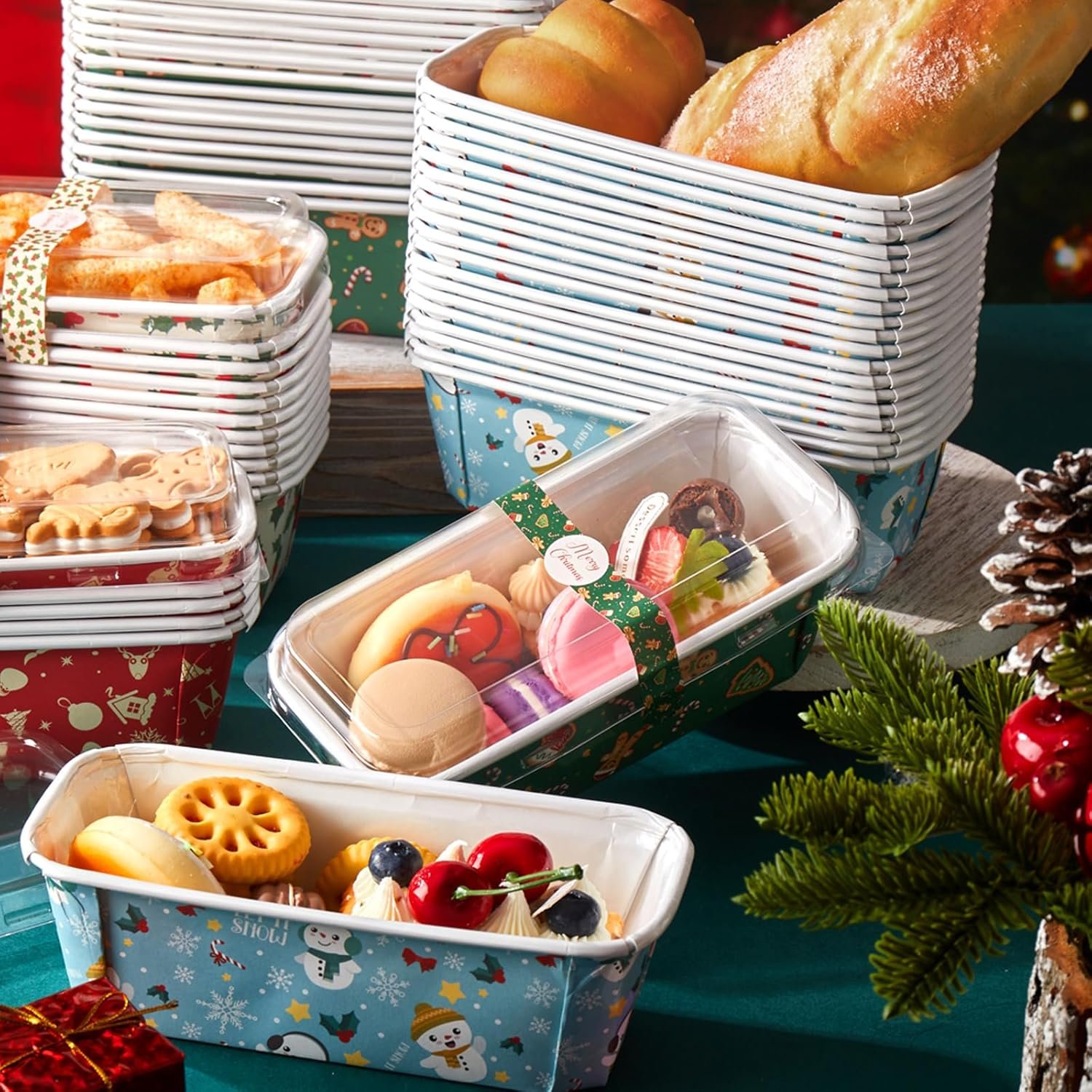 Maxcheck 80 Sets Christmas Loaf Pan with Lid Xmas Tree Snowman Disposable Baking Pans 6.3 x 2.17 x 2.17 Paper Loaf Molds with Stickers for Bread Cake Meatloaf Baked Goods Microwave Oven Freezer Safe - Image 4