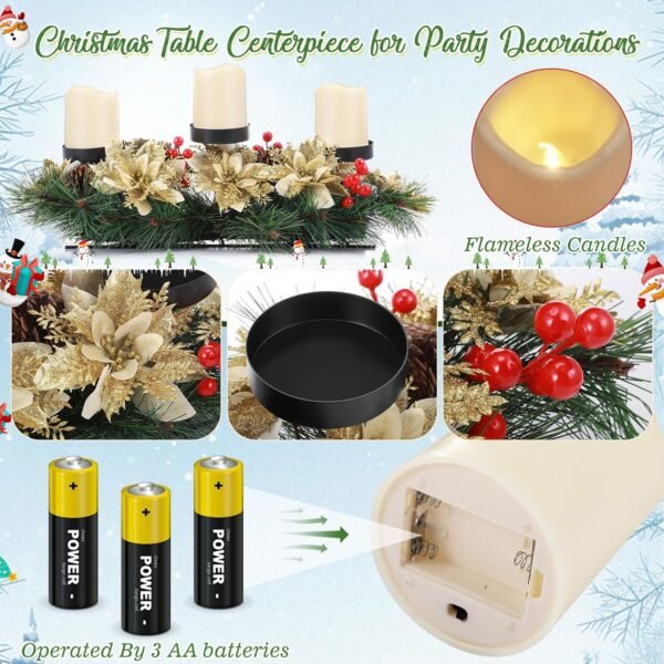 17 Inch Artificial Christmas Centerpiece Candle Holder with 3 Ivory White Flickering Flameless Candles with Remote Control and Timer Christmas Table Centerpiece for Party (Gold) - Image 5