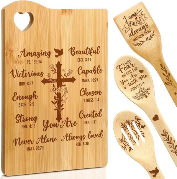 4 Pcs Christian Gifts for Women Mom Faith Religious Gifts Bible Verse Inspirational Gifts Bamboo Cutting Board Spatula Spoon Set Catholic Gifts for Christmas Birthday (Always Loved) - Image 2