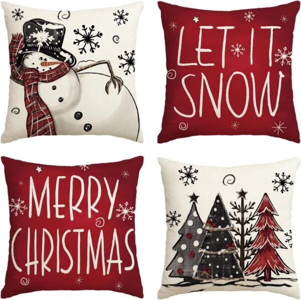 AVOIN colorlife Merry Christmas Snowman Let It Snow Throw Pillow Covers, 18 x 18 Inch Xmas Tree Winter Holiday Cushion Case Decoration for Sofa Couch Set of 4 - Image 2