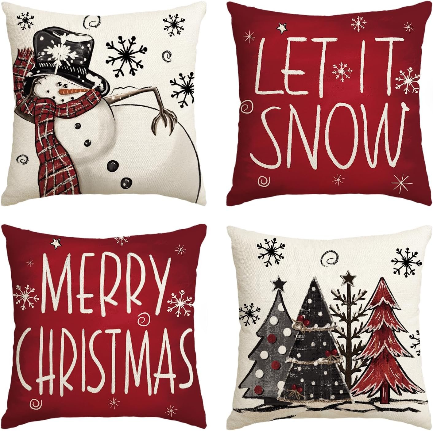 AVOIN colorlife Merry Christmas Snowman Let It Snow Throw Pillow Covers, 18 x 18 Inch Xmas Tree Winter Holiday Cushion Case Decoration for Sofa Couch Set of 4 - Image 2