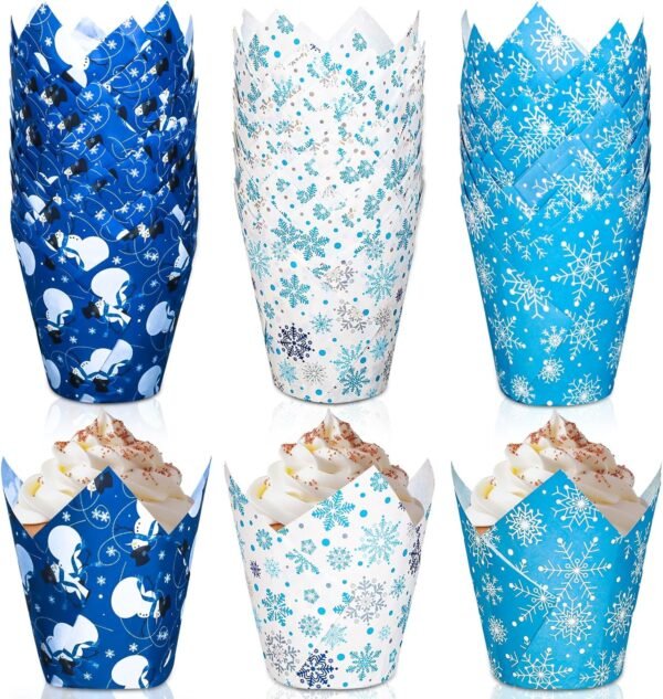 Whaline 180Pcs Winter Snowflake Tulip Cupcake Liners Christmas Snowflake Snowman Muffin Tulip Baking Cups Xmas Blue White Tulip Cupcake Wrappers for Holiday Party Supplies - Image 2