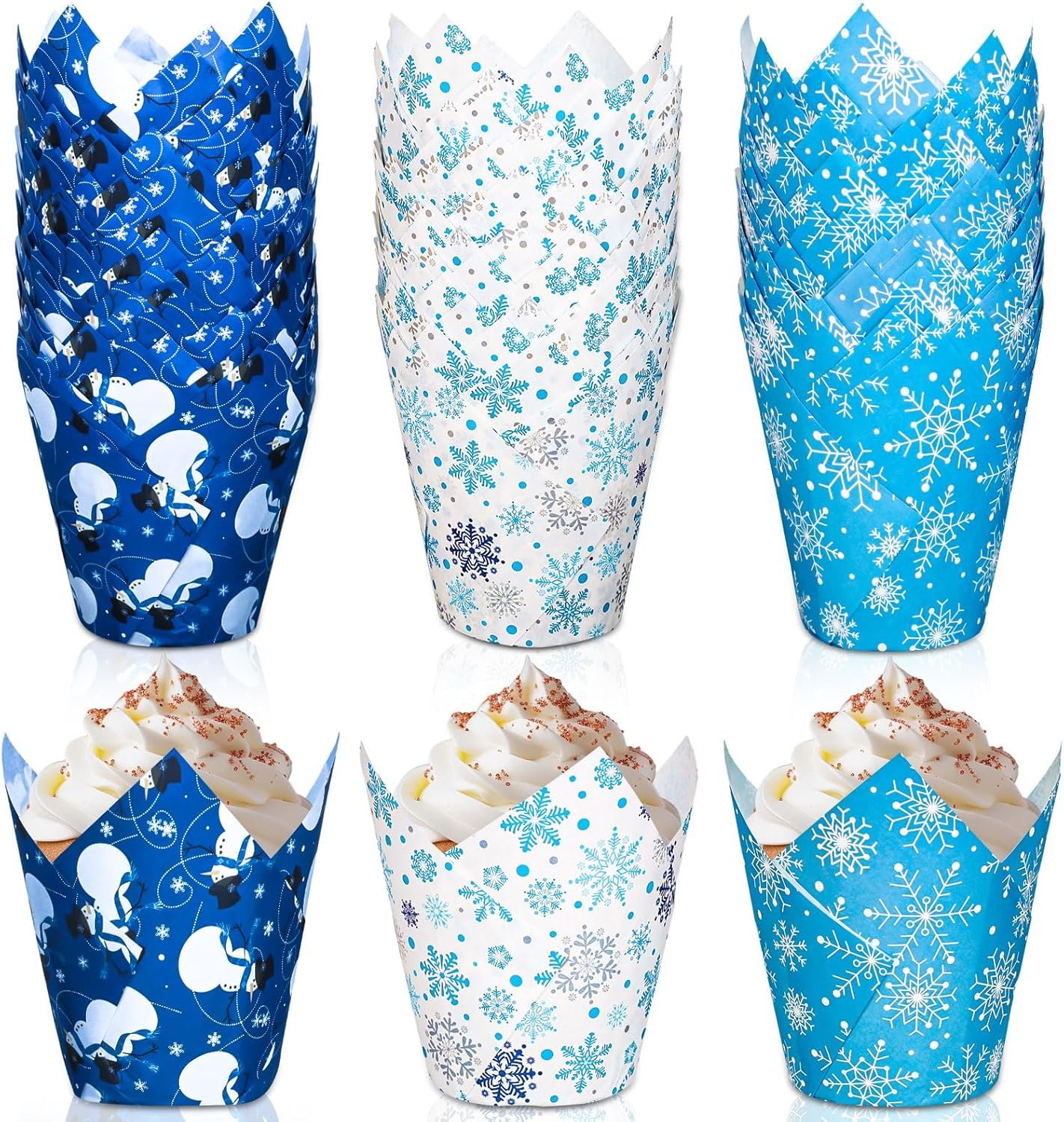 Whaline 180Pcs Winter Snowflake Tulip Cupcake Liners Christmas Snowflake Snowman Muffin Tulip Baking Cups Xmas Blue White Tulip Cupcake Wrappers for Holiday Party Supplies - Image 2