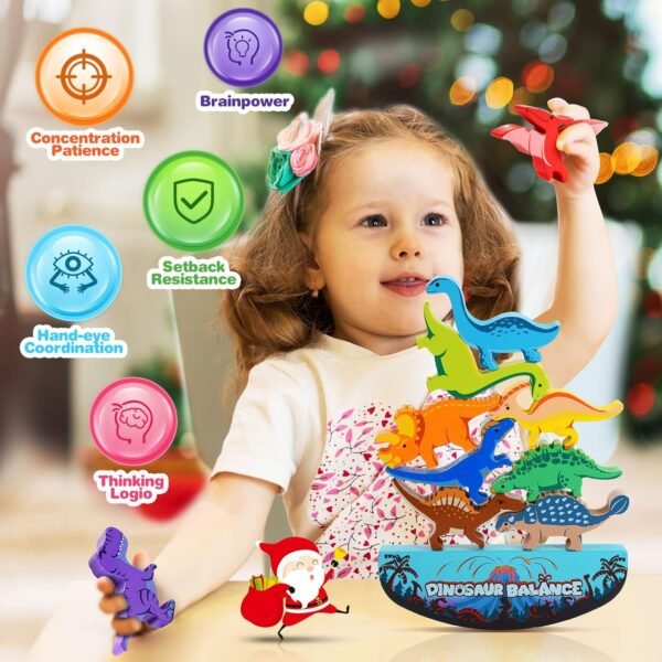 Dinosaur Toys for Kids 3-5: Wooden Stacking Montessori Toys for 3 4 5 6 7 8 Year Old Boys Girls Balance Competition Game for Family Christmas Birthday Gifts for Kids Ages 4-8 (Classic Version) - Image 3
