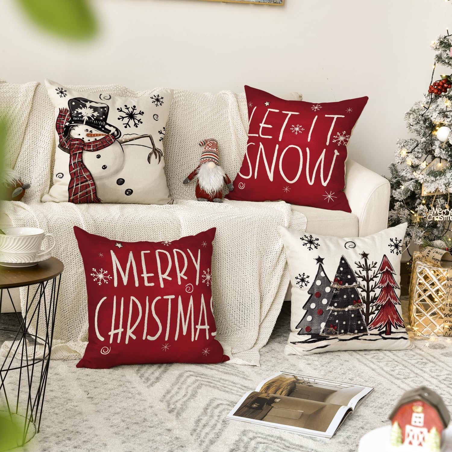 AVOIN colorlife Merry Christmas Snowman Let It Snow Throw Pillow Covers, 18 x 18 Inch Xmas Tree Winter Holiday Cushion Case Decoration for Sofa Couch Set of 4 - Image 3