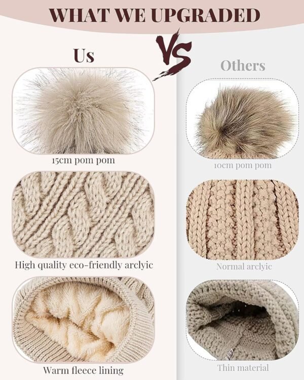 Alepo Womens Winter Beanie Hat, Warm Fleece Lined Knitted Soft Ski Cuff Cap with Pom Pom - Image 3