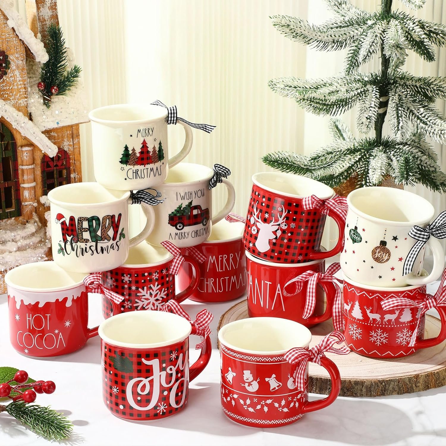 Baderke 12 Pcs Ceramic Christmas Plaid Mug with Ribbon 11 oz Christmas Coffee Mugs Santa Winter Hot Cocoa Design Coffee Mug Holiday Mugs for Christmas Centerpieces Decorations Housewarming Gift - Image 2