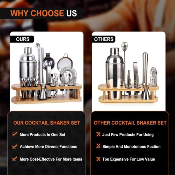 24-Piece Cocktail Shaker Bartender Kit with Stand, 24 oz Martini Shaker, Mixing Spoon, Muddler, Measuring Jigger, Lemon Squeez, Tongs, Corkscrew, Liquor Pourers and More Professional Bar Tools - Image 4