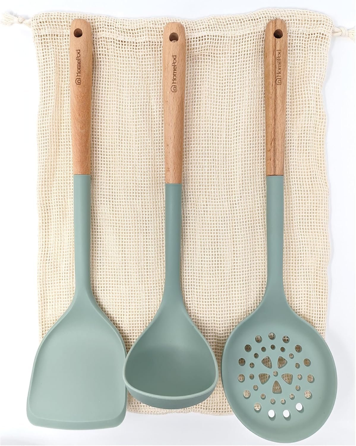 Set of 3 Kitchen Essentials Utensils Set of Silicone Spatulas 15 inches Large Heat Resistant 600F Cooking Baking Non Slip Handles Won't scratch Cookware, Turner Rubber Spatula Ladle Espatula (Green) - Image 2