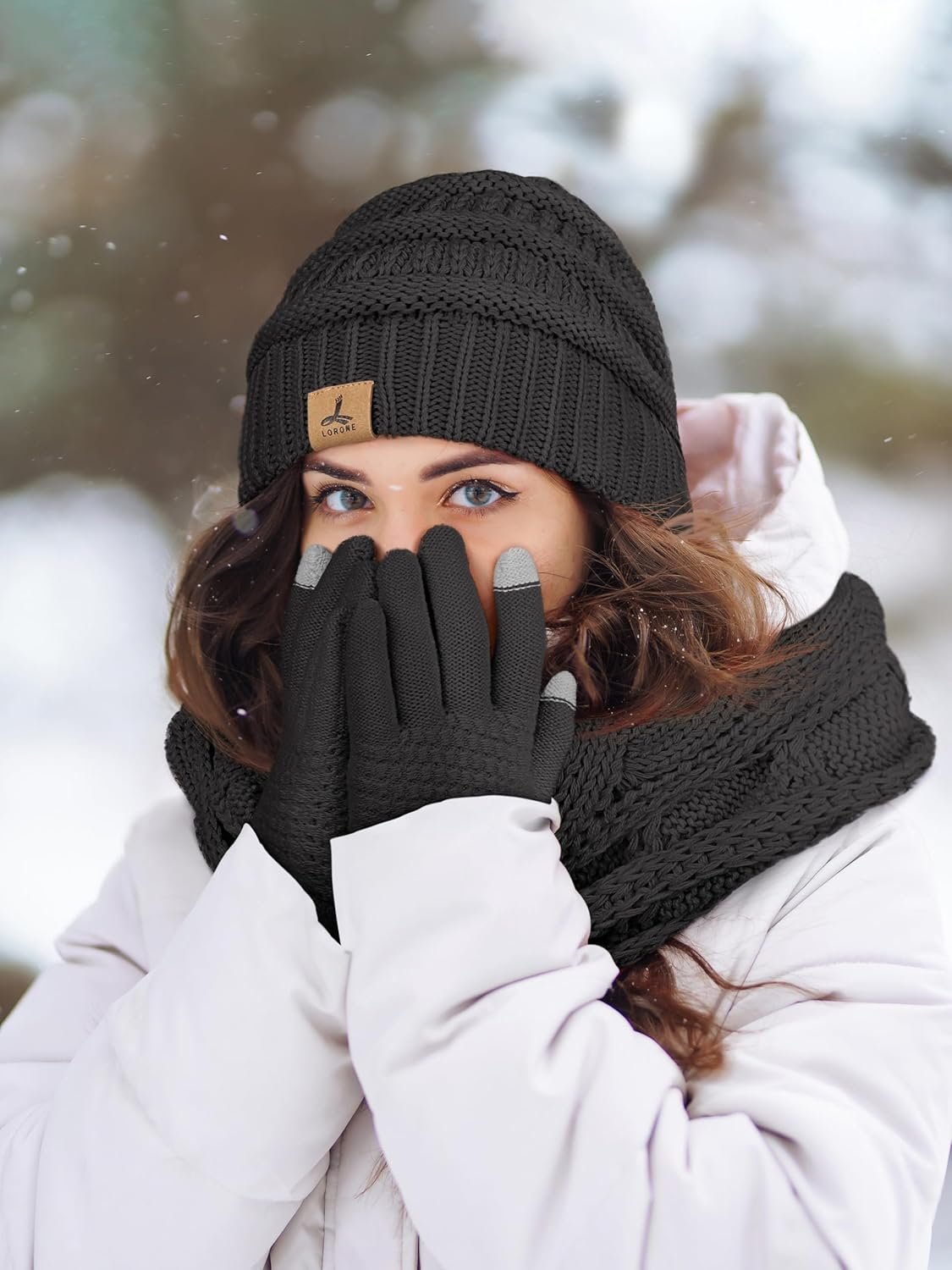 Winter Beanie Hat Scarf Gloves, Warm Fleece Knit Winter Hats Touch Screen Gloves Neck Scarf Set Winter Gifts for Unisex Adult - Image 7