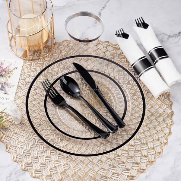 Goodluck 175 Piece Black Plastic Dinnerware Set for Party, Clear Disposable Plates for 25 Guests, Include: 25 Dinner Plastic Plates, 25 Dessert Plates, 25 Pre Rolled Napkins with Cutlery Set, 25 Cups - Image 6