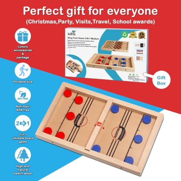 Fast Sling Puck Game Toy,2-in-1 Board Game: Includes Checkers & Chess. Solid Wood Winner Slingshot. Foosball and Air Hockey or Birthday Party Present for Kids & Adults - Image 6