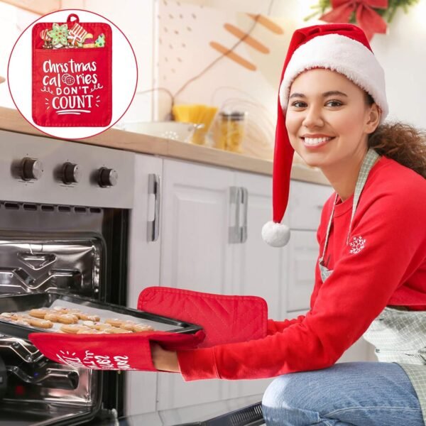 R HORSE 6 Pieces Christmas Pot Holders with Pocket Xmas Cotton Potholders for Kitchen Machine Washable Oven Mitts Heat Resistant Hot Pads Red Cookie Bag for Christmas Kitchen Gift 7 x 9 in - Image 4