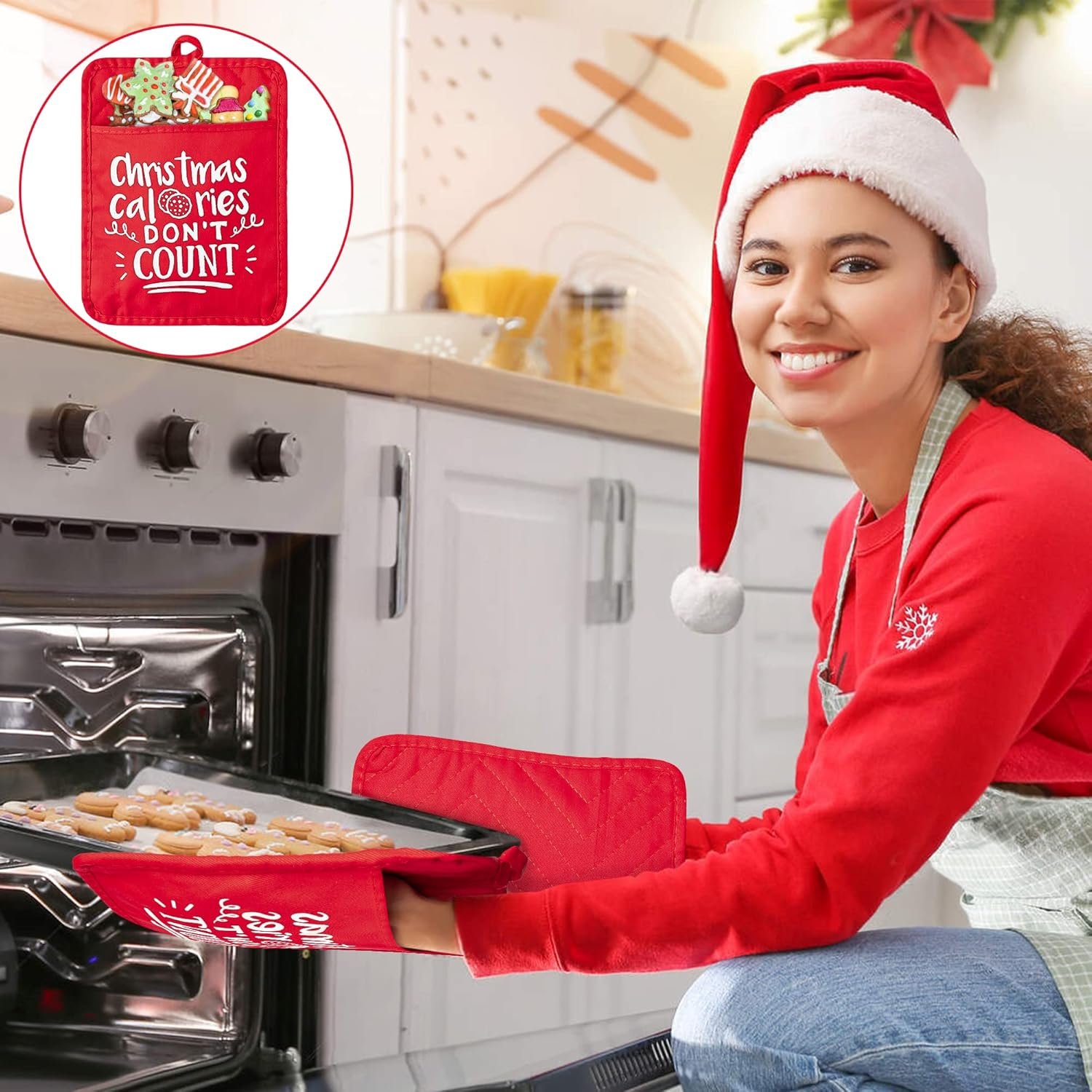 R HORSE 6 Pieces Christmas Pot Holders with Pocket Xmas Cotton Potholders for Kitchen Machine Washable Oven Mitts Heat Resistant Hot Pads Red Cookie Bag for Christmas Kitchen Gift 7 x 9 in - Image 4