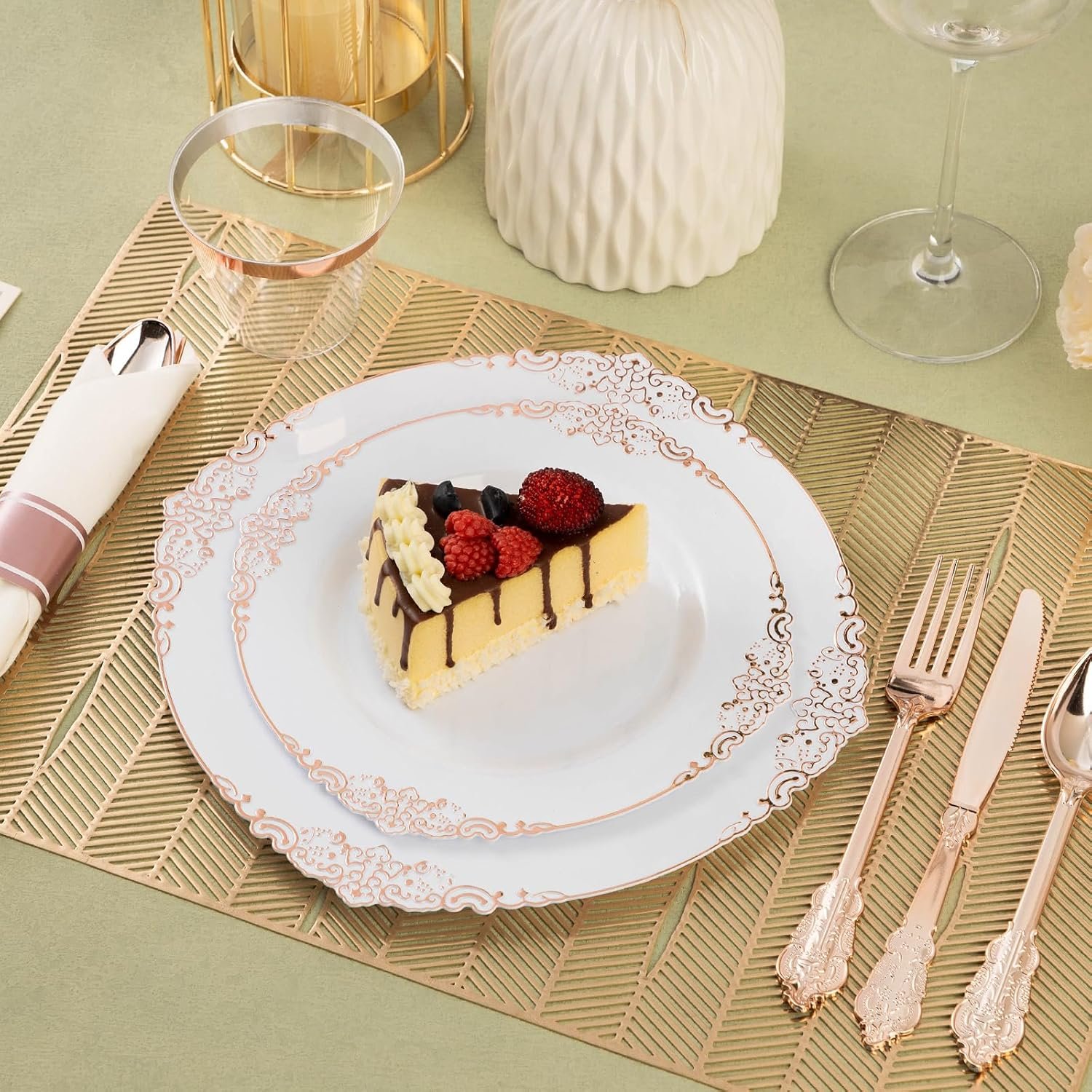 350PCS Rose Gold Plastic Plates for 50 Guests, Disposable Dinnerware Sets Include 100 Rose Gold Rim Plastic Plates, 50 Silverware, 50 Pre Rolled Napkins for Party, Wedding & Decor - Image 7