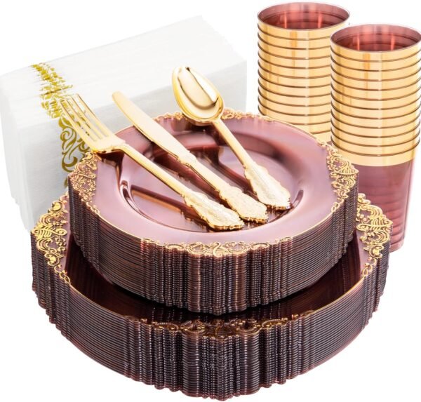 Hioasis 175pcs Clear Burgundy Plastic Plates,Burgundy Red Disposable Plates include 25 Dinner Plates 25 Dessert Plates 25Knives 25Forks 25Spoons 25Cups 25Napkins Perfect for Wedding&Parties - Image 2
