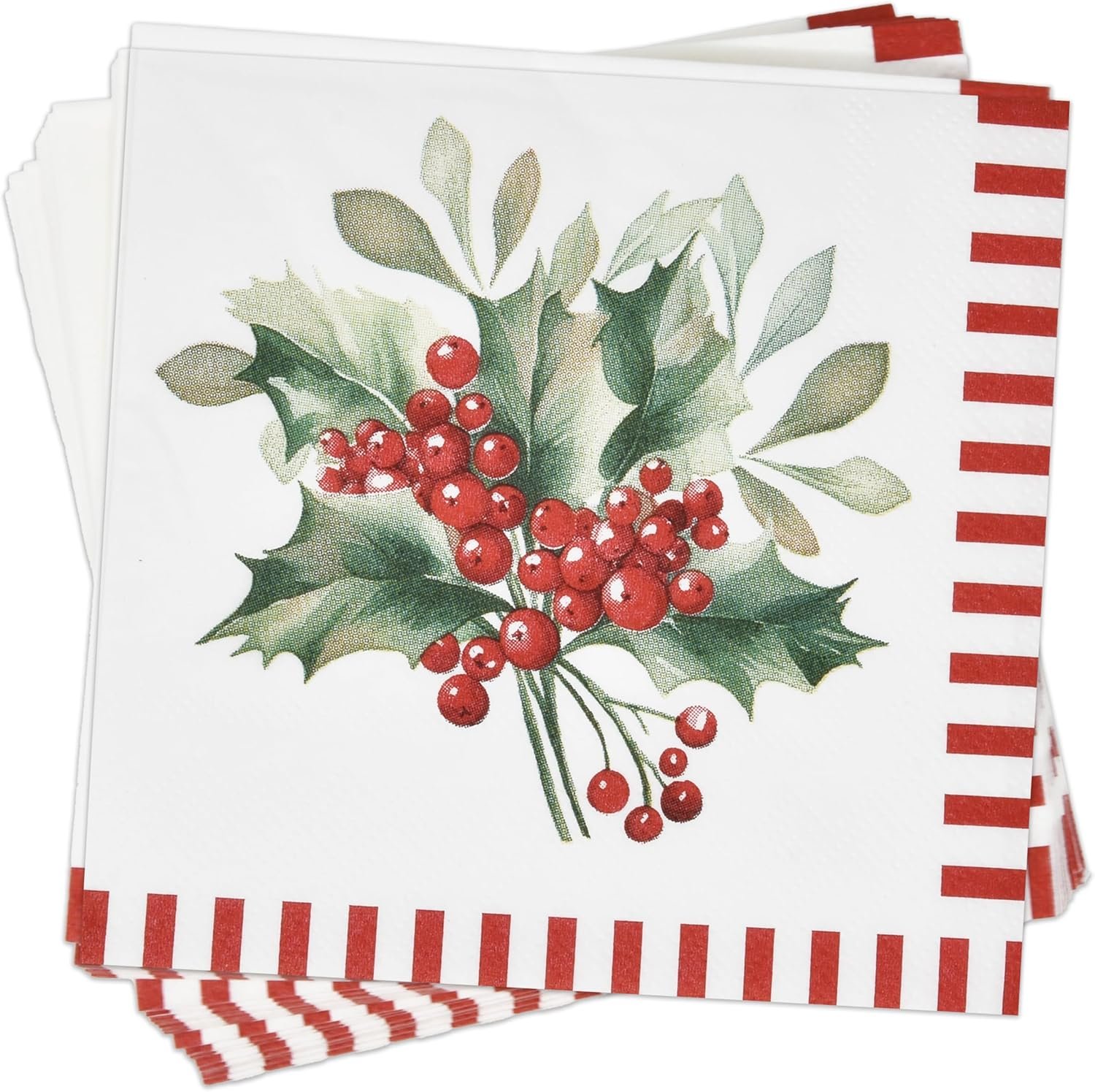 100 Christmas Berries Cocktail Beverage Napkins Disposable Paper Xmas Holly Berry Pine Red and White Striped Dessert Napkin for Winter Holiday Home Kitchen Wedding Party Supplies Tableware Decorations - Image 7