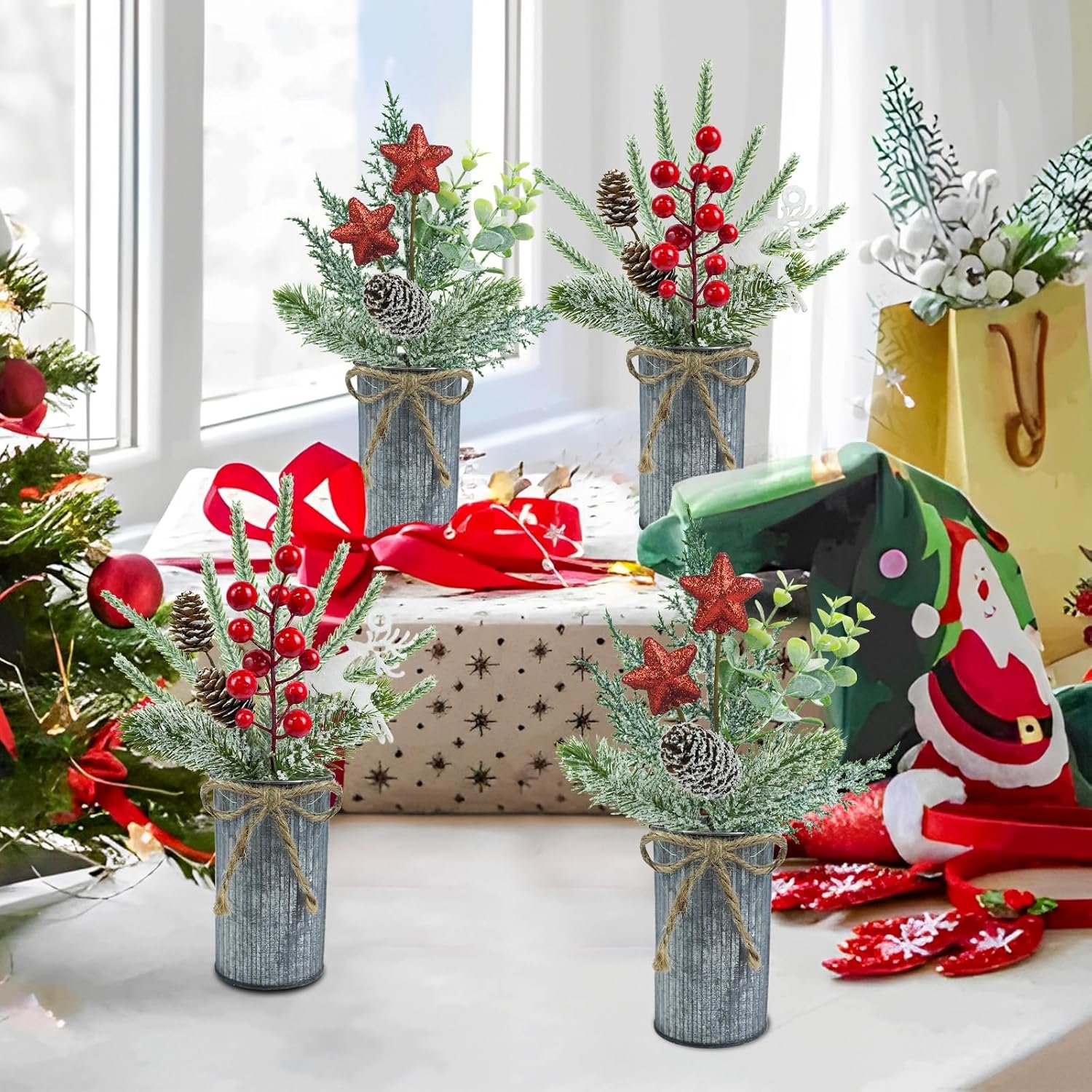 4 Pcs Christmas Centerpieces for Tables, Small Christmas Floral Arrangements Artificial Christmas Plants Christmas Berry Pine Cone Picks with vase for Holiday Home Farmhouse Party Decor - Image 8